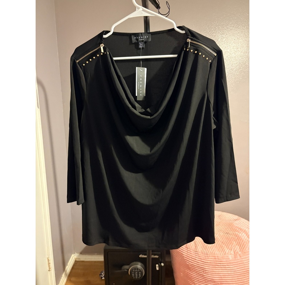 Premise‎ Black Long Sleeve Blouse with Zipper Decoration Shoulder Sz 1X
